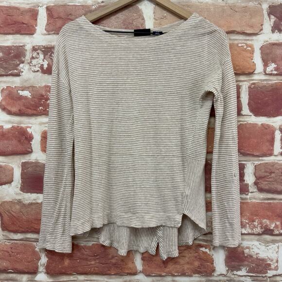 Adrienne Vittadini Top Women's XS Brown Striped 100% Linen Button Back Shirt - Picture 6 of 8